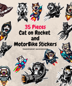 35 Pieces Cat on Rocket and motorbike Sticker clip art