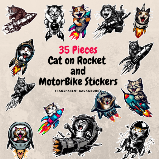 35 Pieces Cat on Rocket and motorbike Sticker clip art