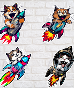 colorful cat on rocket