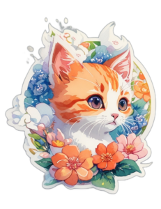 Sticker decal of cute cat with flower ornaments