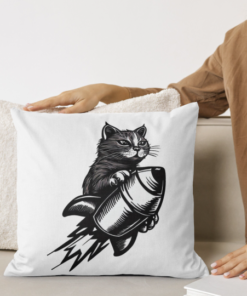cat riding on rocket printed on pillow