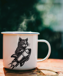 cat riding a rocket printed on mug
