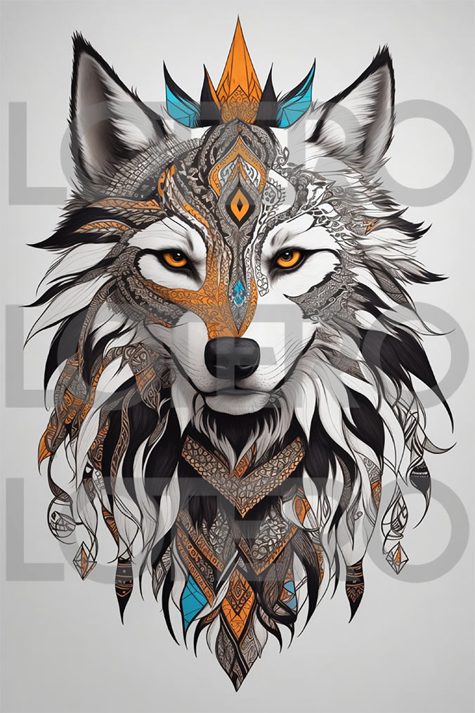 Colorful intricate tribal spirit wolf illustration poster