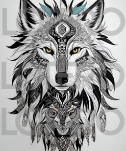 black and white wolf graphic illustration