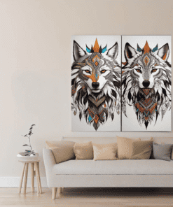 Two frame spirit wolf poster on minimalist living room wall