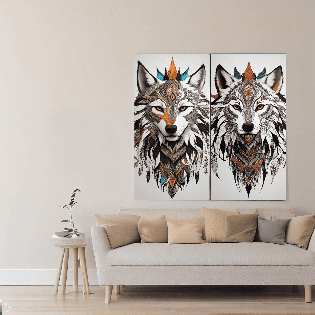 Two frame spirit wolf poster on minimalist living room wall